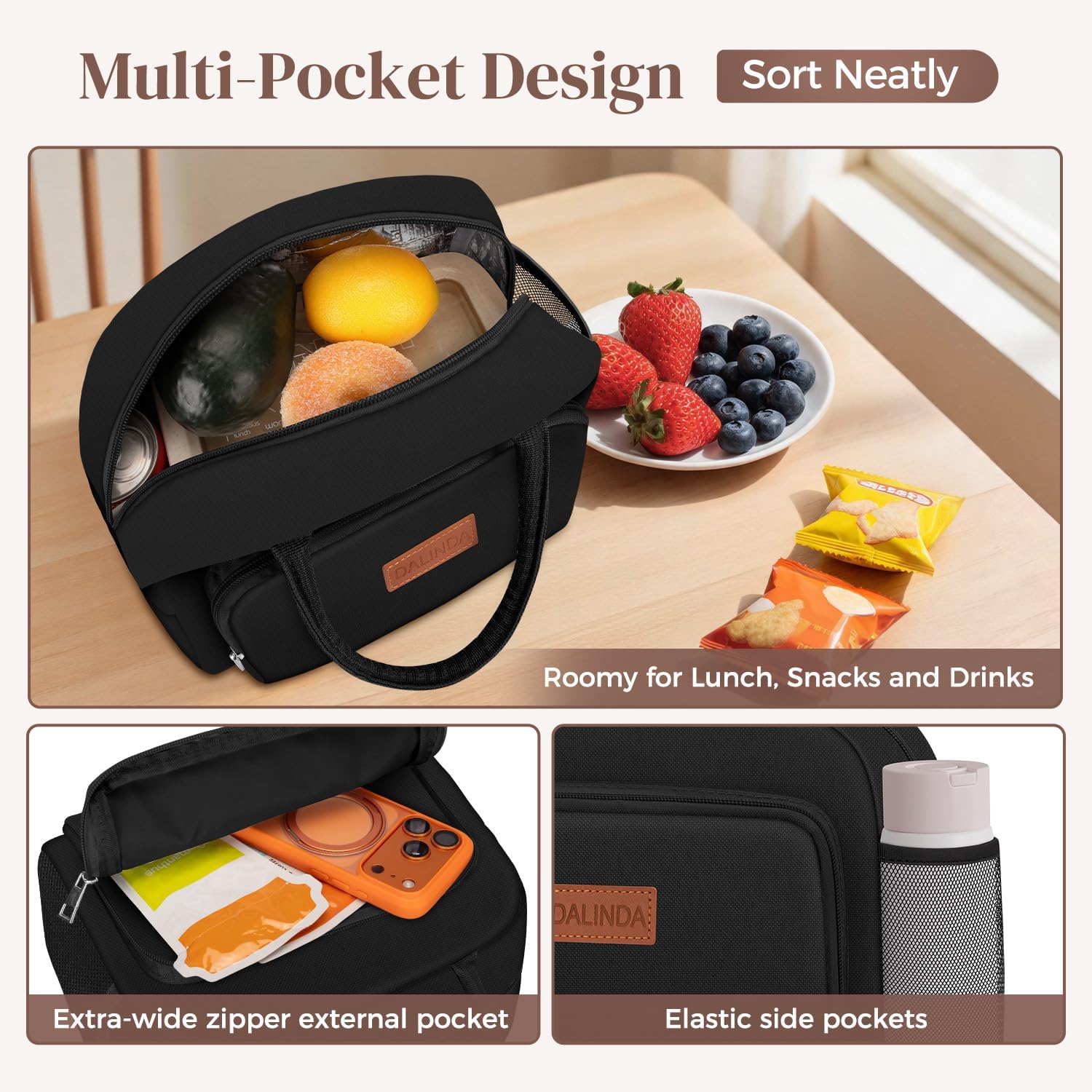 DALINDA Lunch Bag, Lunch Box for Women & Men, Insulated Lunch Tote Bags Water-Resistant Cute Cooler Bag, Reusable Large Capacity Lunchbox for Work Travel Picnic(Black) - Image 2