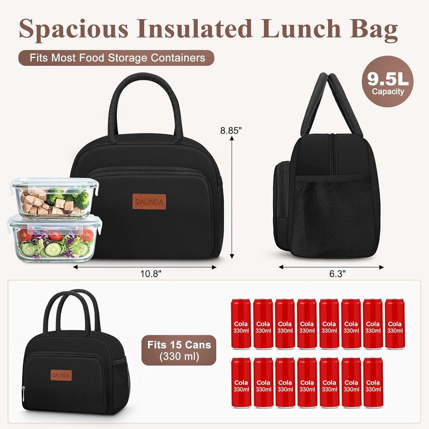 DALINDA Lunch Bag, Lunch Box for Women & Men, Insulated Lunch Tote Bags Water-Resistant Cute Cooler Bag, Reusable Large Capacity Lunchbox for Work Travel Picnic(Black) - Image 3