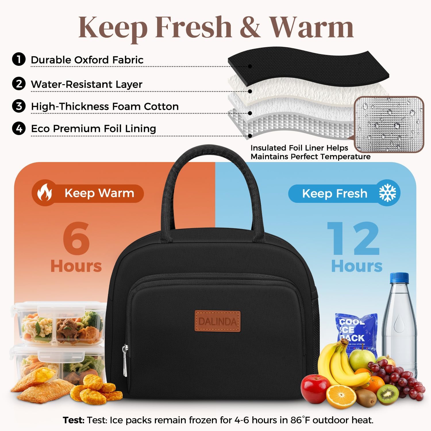 DALINDA Lunch Bag, Lunch Box for Women & Men, Insulated Lunch Tote Bags Water-Resistant Cute Cooler Bag, Reusable Large Capacity Lunchbox for Work Travel Picnic(Black) - Image 4