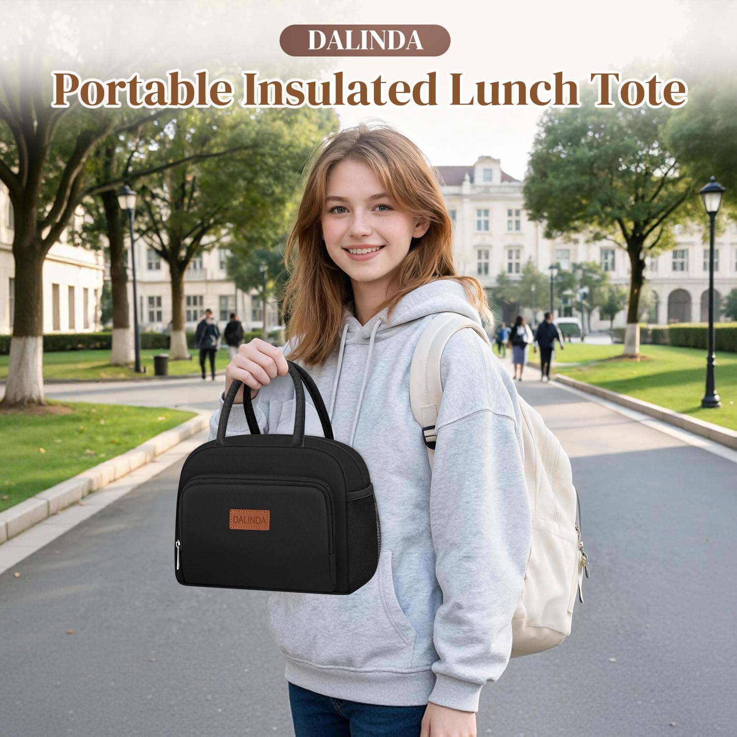 DALINDA Lunch Bag, Lunch Box for Women & Men, Insulated Lunch Tote Bags Water-Resistant Cute Cooler Bag, Reusable Large Capacity Lunchbox for Work Travel Picnic(Black) - Image 5