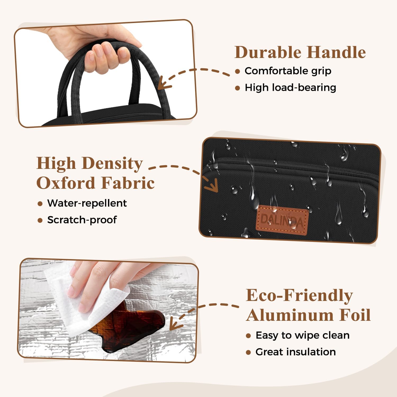 DALINDA Lunch Bag, Lunch Box for Women & Men, Insulated Lunch Tote Bags Water-Resistant Cute Cooler Bag, Reusable Large Capacity Lunchbox for Work Travel Picnic(Black) - Image 6