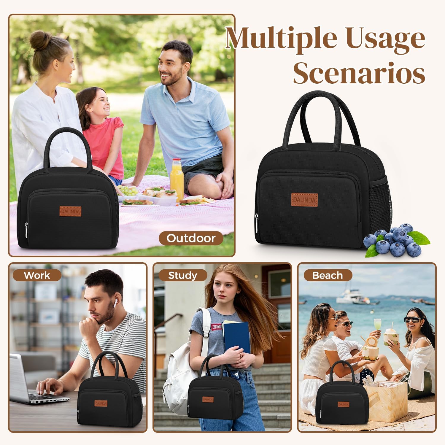 DALINDA Lunch Bag, Lunch Box for Women & Men, Insulated Lunch Tote Bags Water-Resistant Cute Cooler Bag, Reusable Large Capacity Lunchbox for Work Travel Picnic(Black) - Image 7