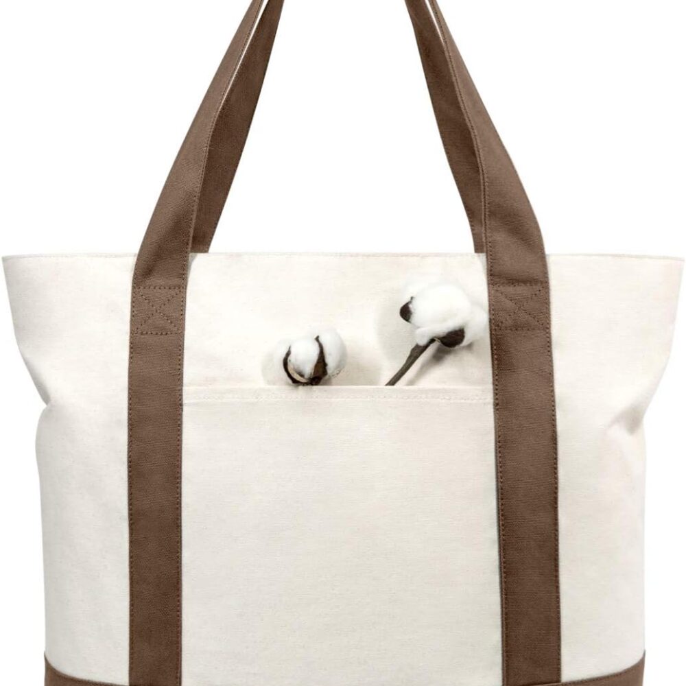TOPDesign 1-Pack Canvas Tote Bag with an External Pocket, Reusable Grocery Shopping Bag, Top Zipper Closure, Daily Essentials (Brown/Natural)
