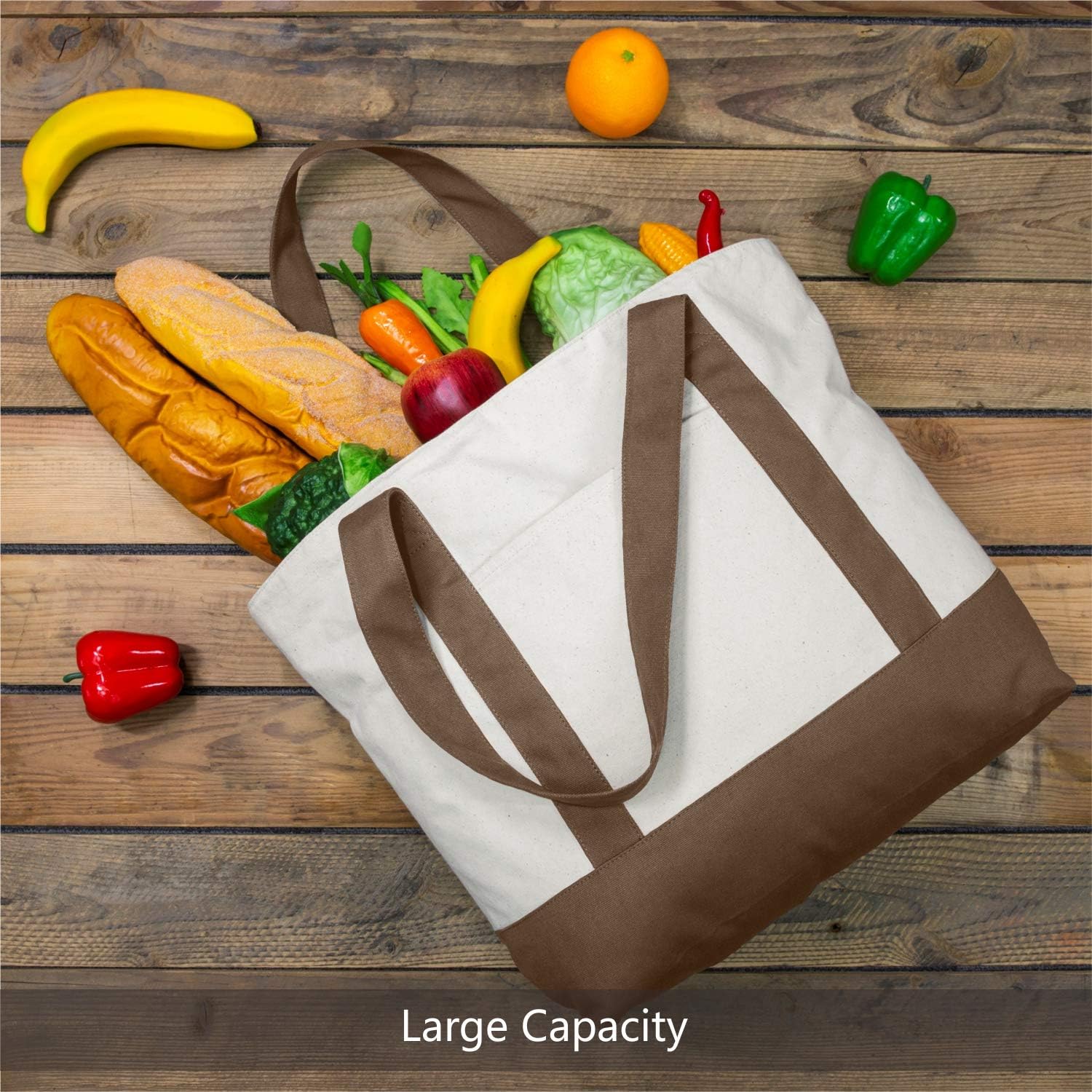 TOPDesign 1-Pack Canvas Tote Bag with an External Pocket, Reusable Grocery Shopping Bag, Top Zipper Closure, Daily Essentials (Brown/Natural) - Image 3