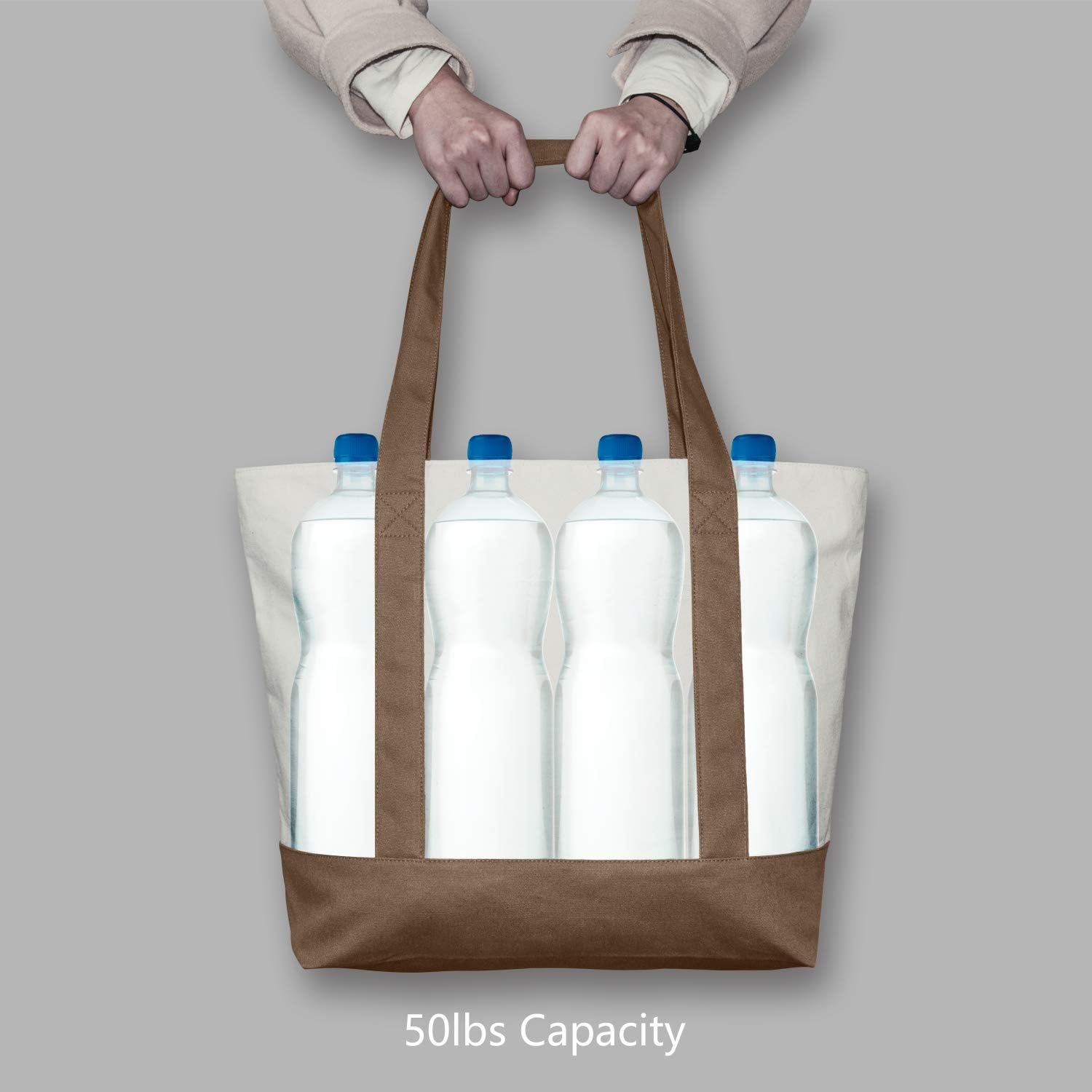 TOPDesign 1-Pack Canvas Tote Bag with an External Pocket, Reusable Grocery Shopping Bag, Top Zipper Closure, Daily Essentials (Brown/Natural) - Image 6