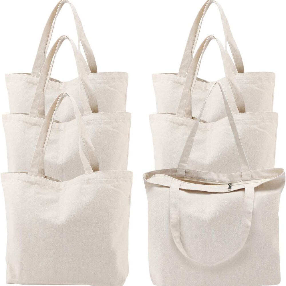 Segarty 6 Packs Canvas Tote Bag with Zipper, 16x13 inch Reusable Washable Grocery Shopping Bags with Handle Plain Canvas Totes for Women Teacher DIY Art Crafts Painting Embroidery Decoration