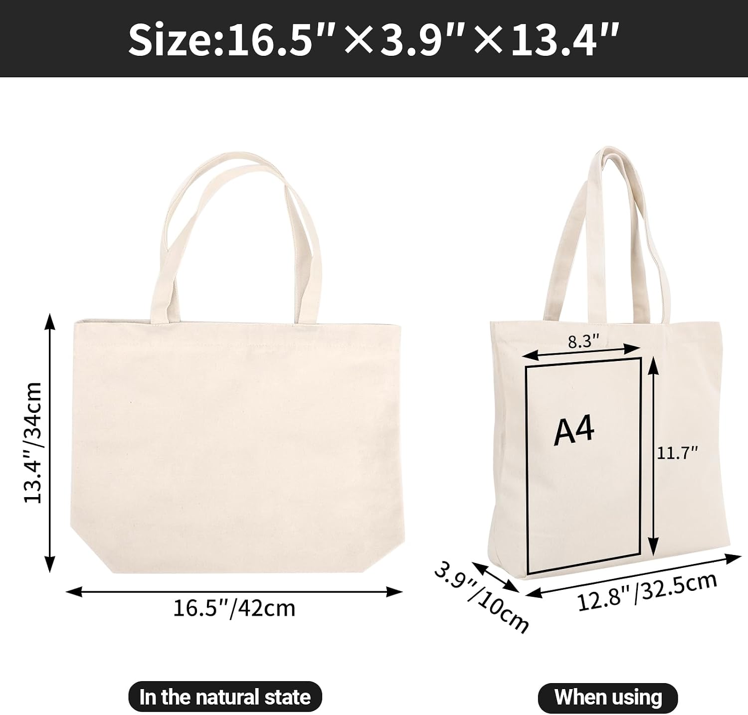 Segarty 6 Packs Canvas Tote Bag with Zipper, 16x13 inch Reusable Washable Grocery Shopping Bags with Handle Plain Canvas Totes for Women Teacher DIY Art Crafts Painting Embroidery Decoration - Image 2