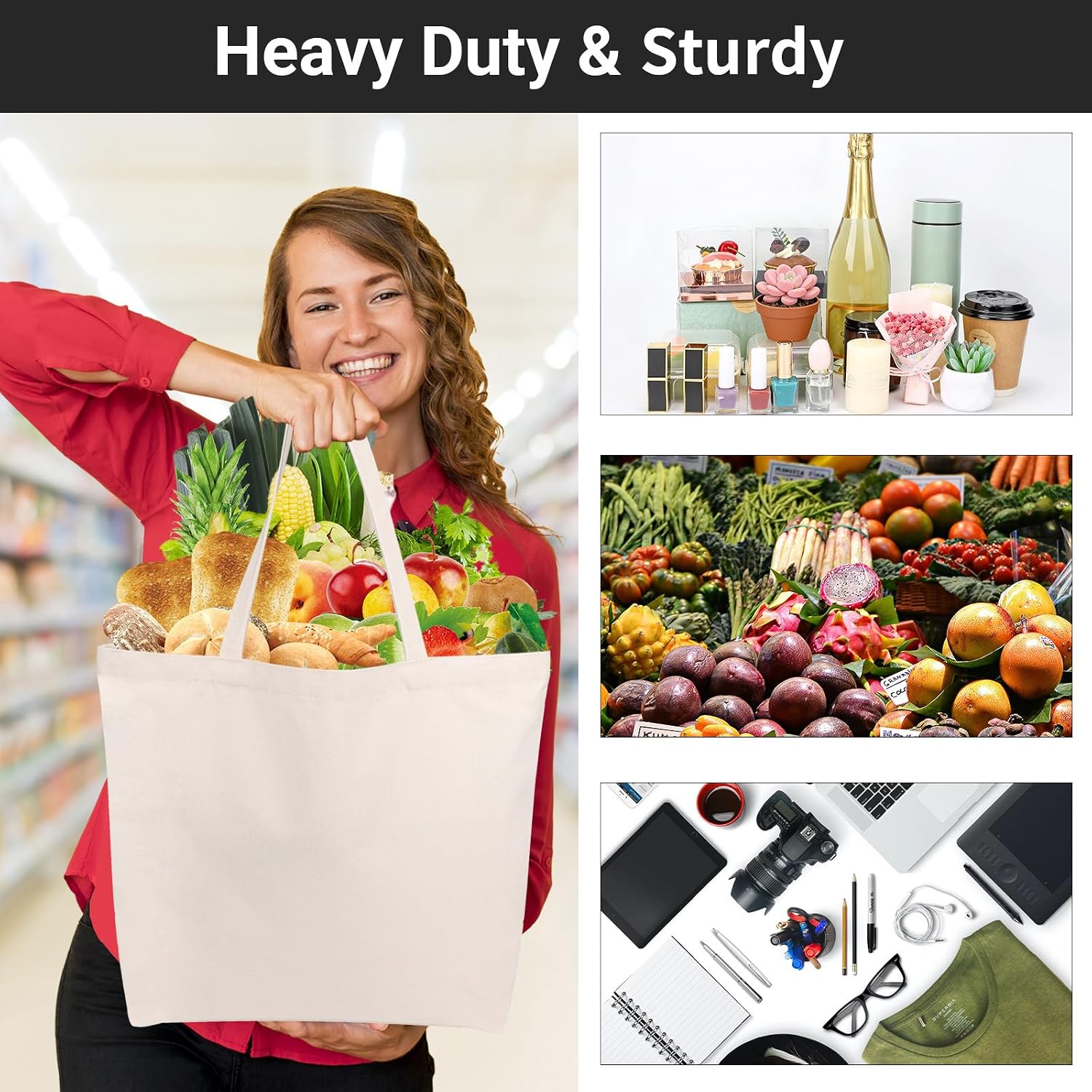 Segarty 6 Packs Canvas Tote Bag with Zipper, 16x13 inch Reusable Washable Grocery Shopping Bags with Handle Plain Canvas Totes for Women Teacher DIY Art Crafts Painting Embroidery Decoration - Image 3