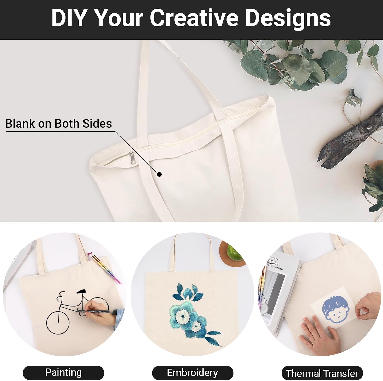 Segarty 6 Packs Canvas Tote Bag with Zipper, 16x13 inch Reusable Washable Grocery Shopping Bags with Handle Plain Canvas Totes for Women Teacher DIY Art Crafts Painting Embroidery Decoration - Image 5