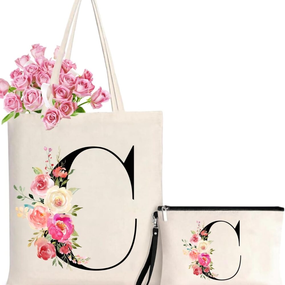 Initial Canvas Tote Bag for Women, Personalized Monogrammed Tote Bags with Makeup Gift Bag for Wedding Bridesmaids Birthday