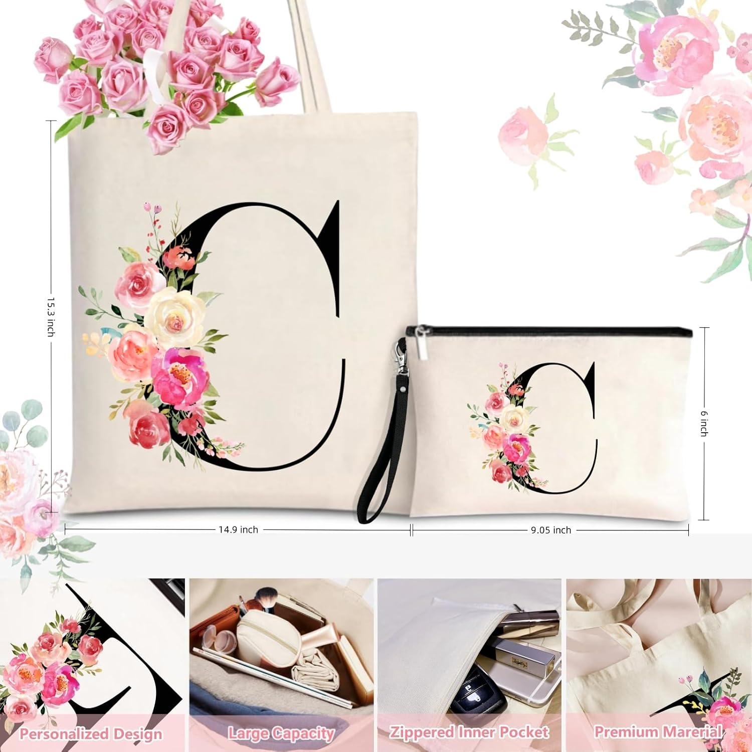 Initial Canvas Tote Bag for Women, Personalized Monogrammed Tote Bags with Makeup Gift Bag for Wedding Bridesmaids Birthday - Image 4